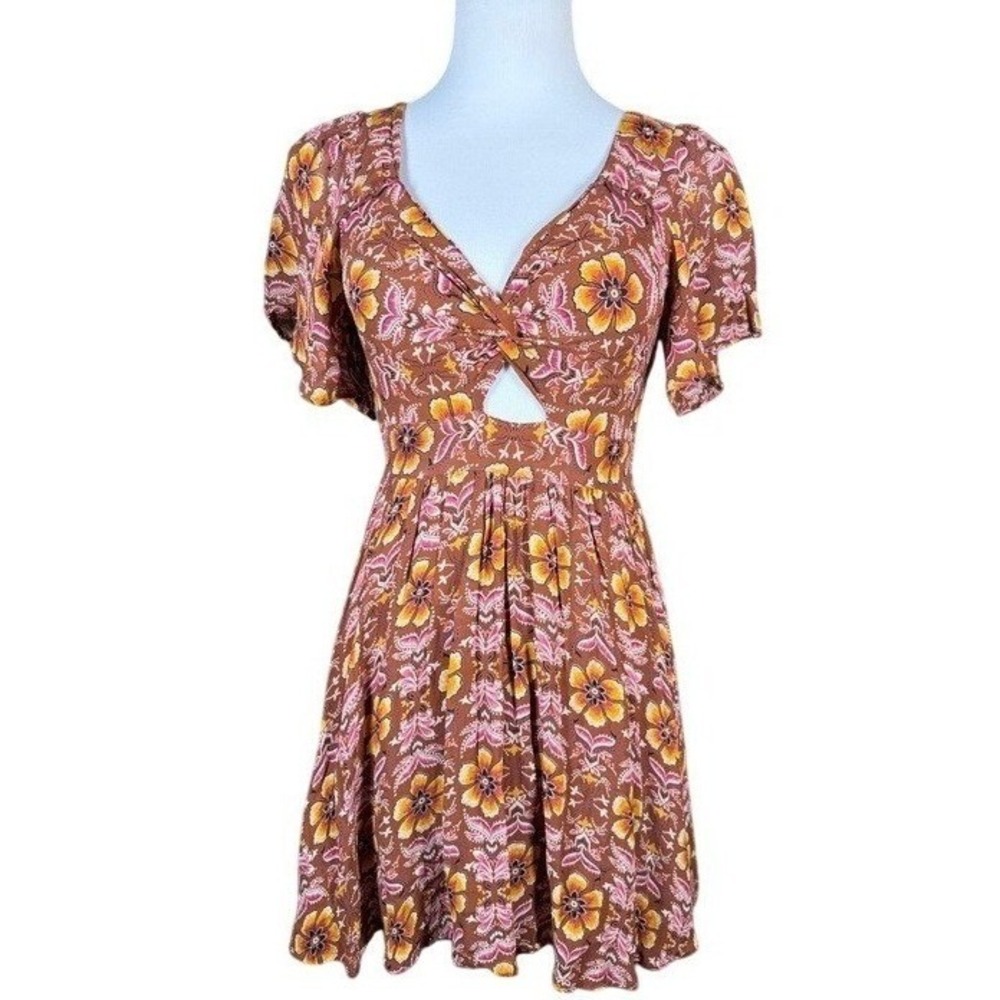 American Eagle Dress Womens S Mini Brown Floral Cutout Smocked Back NEW
